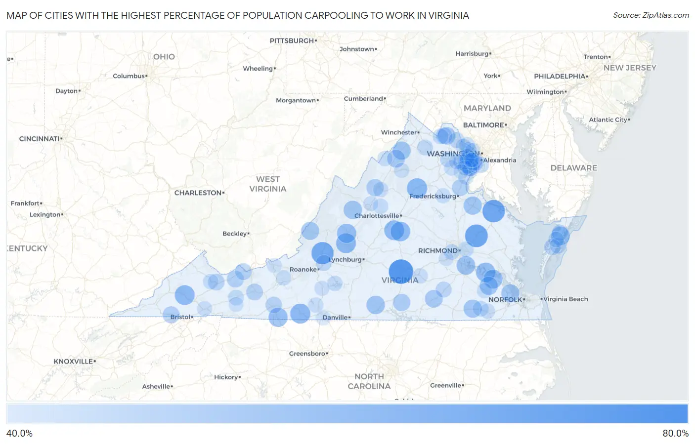 Cities with the Highest Percentage of Population Carpooling to Work in Virginia Map