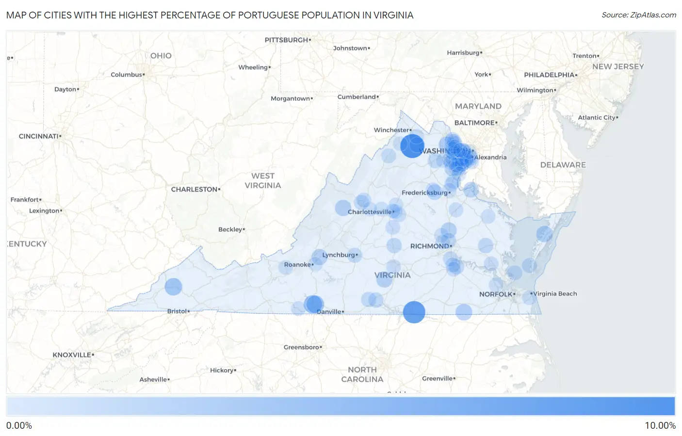 Cities with the Highest Percentage of Portuguese Population in Virginia Map