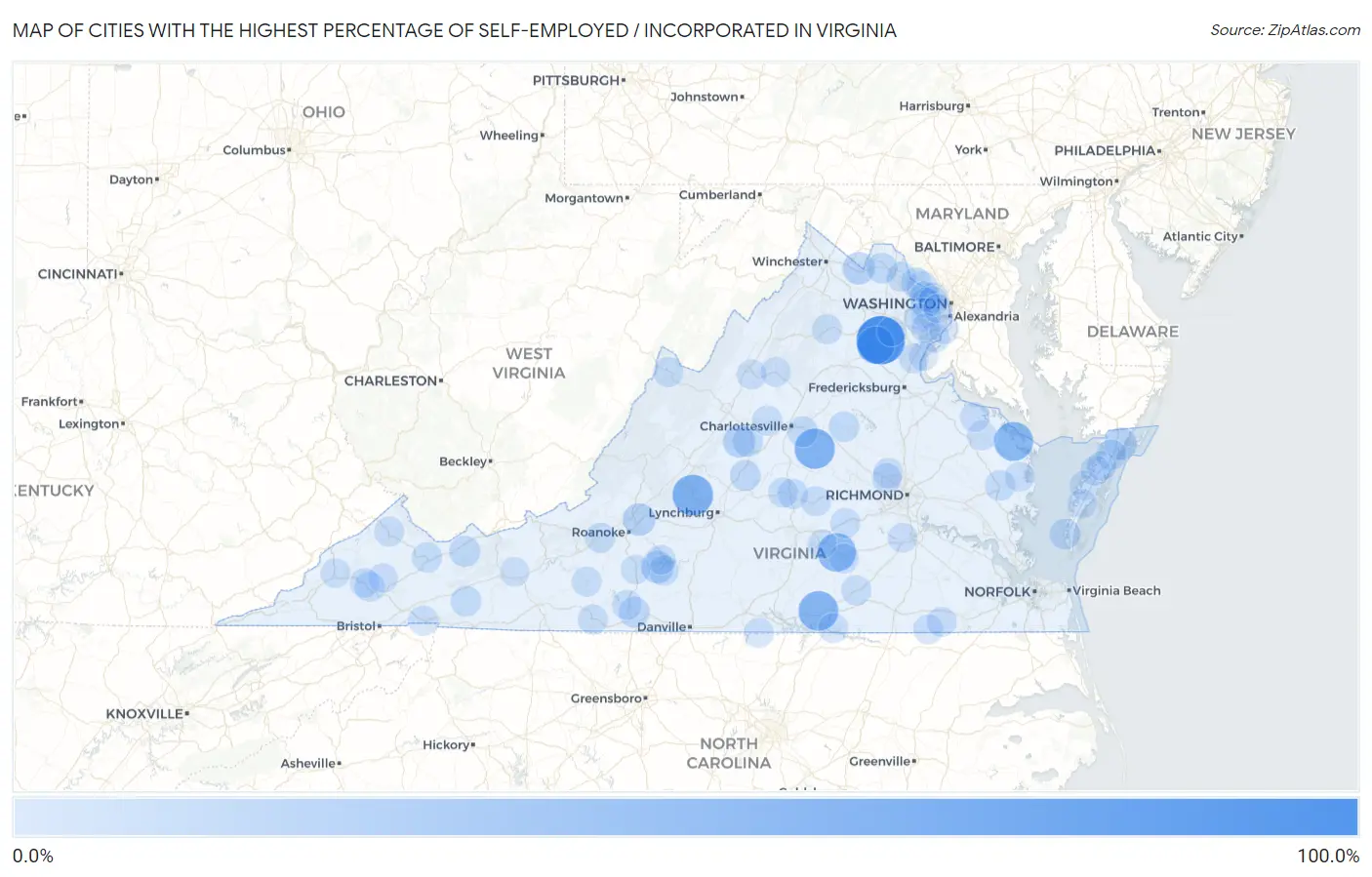 Cities with the Highest Percentage of Self-Employed / Incorporated in Virginia Map