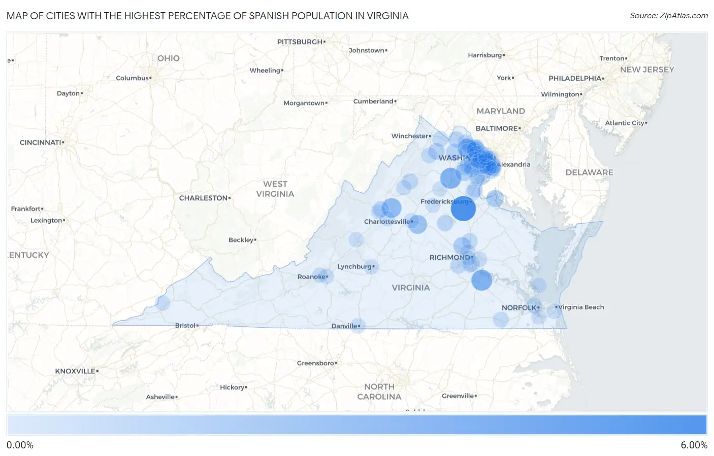 Cities with the Highest Percentage of Spanish Population in Virginia Map