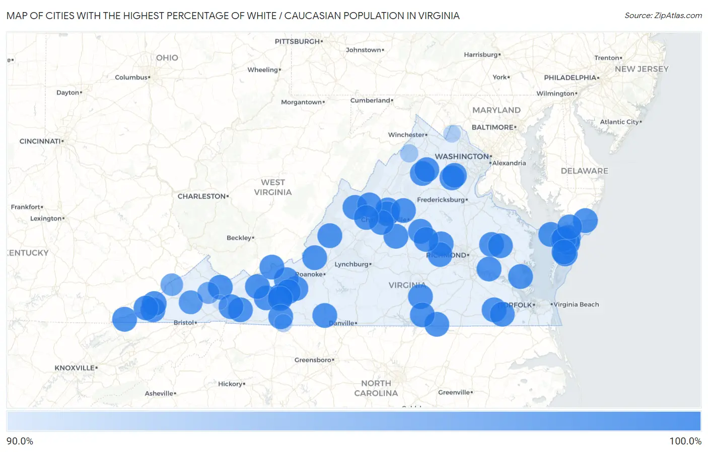Cities with the Highest Percentage of White / Caucasian Population in Virginia Map