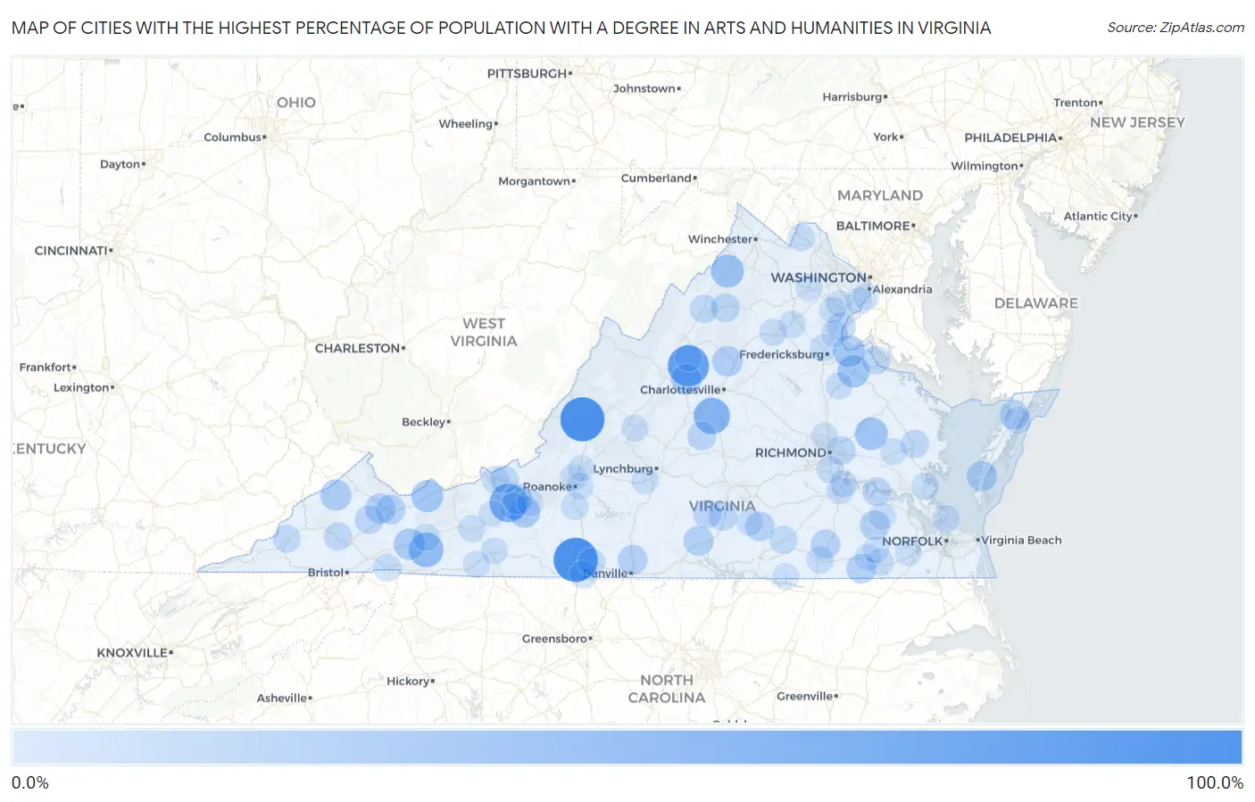 Cities with the Highest Percentage of Population with a Degree in Arts and Humanities in Virginia Map