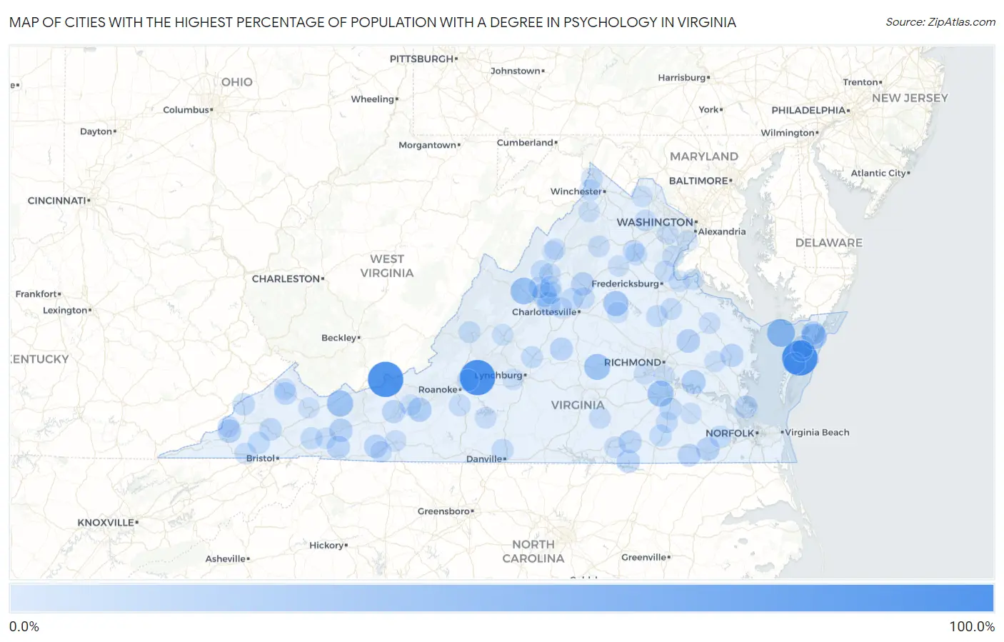 Cities with the Highest Percentage of Population with a Degree in Psychology in Virginia Map
