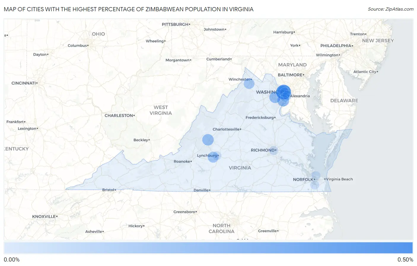 Cities with the Highest Percentage of Zimbabwean Population in Virginia Map