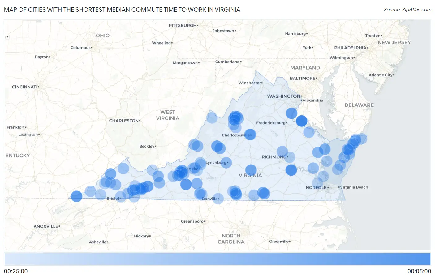 Cities with the Shortest Median Commute Time to Work in Virginia Map