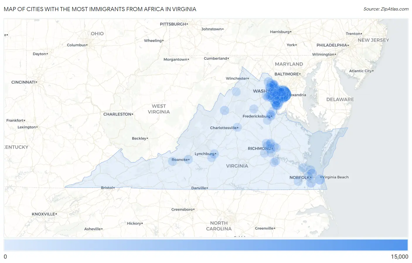 Cities with the Most Immigrants from Africa in Virginia Map