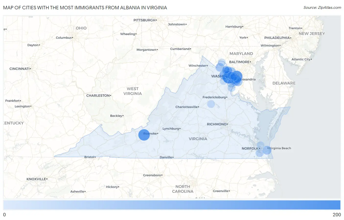 Cities with the Most Immigrants from Albania in Virginia Map