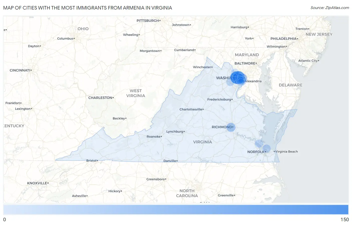 Cities with the Most Immigrants from Armenia in Virginia Map