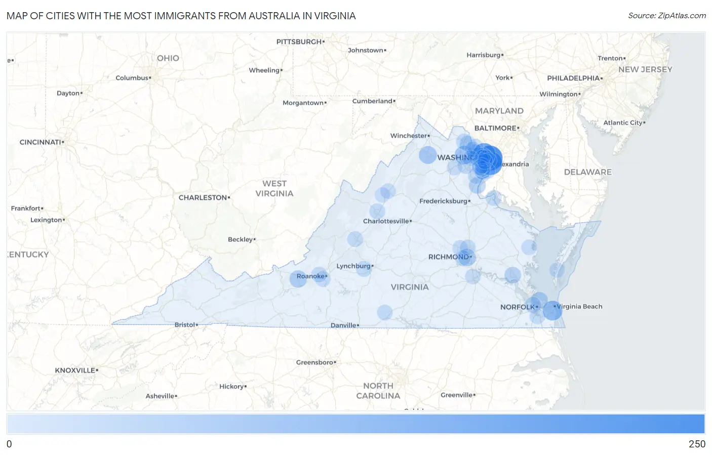 Cities with the Most Immigrants from Australia in Virginia Map