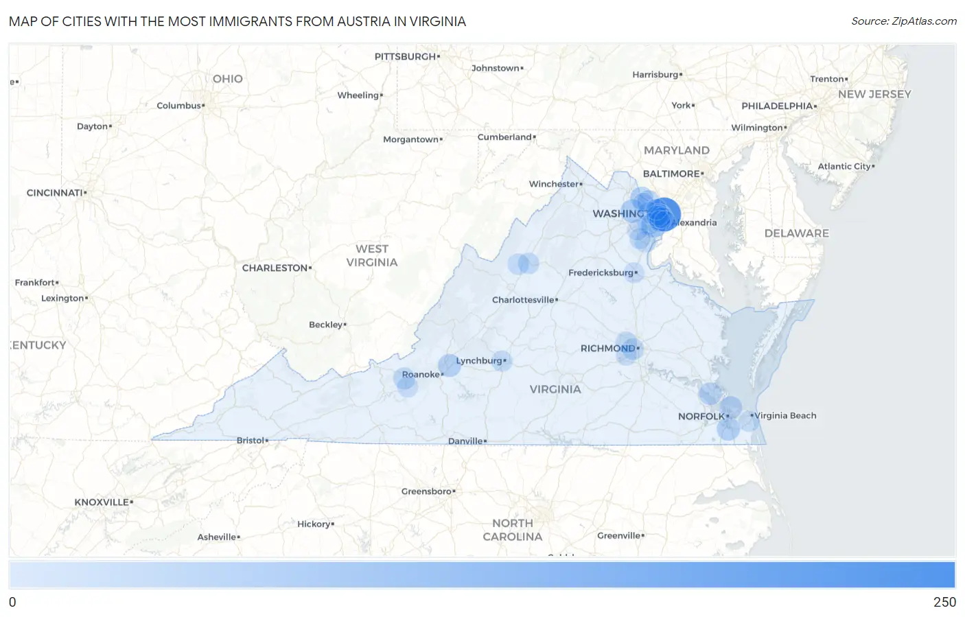 Cities with the Most Immigrants from Austria in Virginia Map