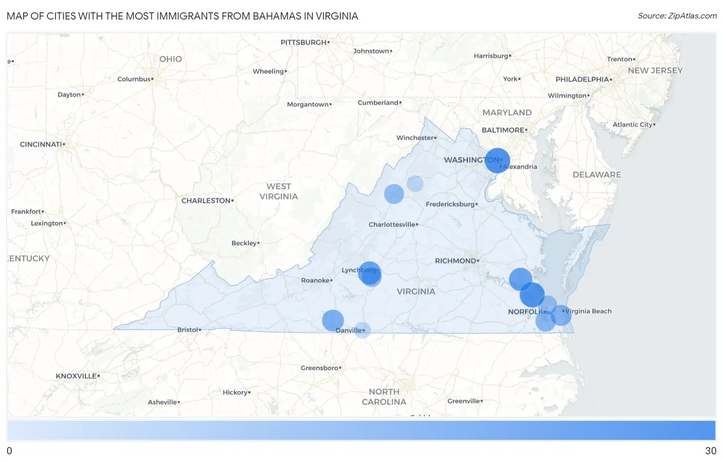 Cities with the Most Immigrants from Bahamas in Virginia Map