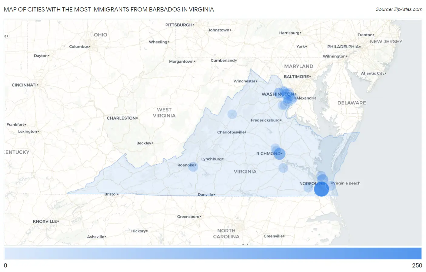 Cities with the Most Immigrants from Barbados in Virginia Map