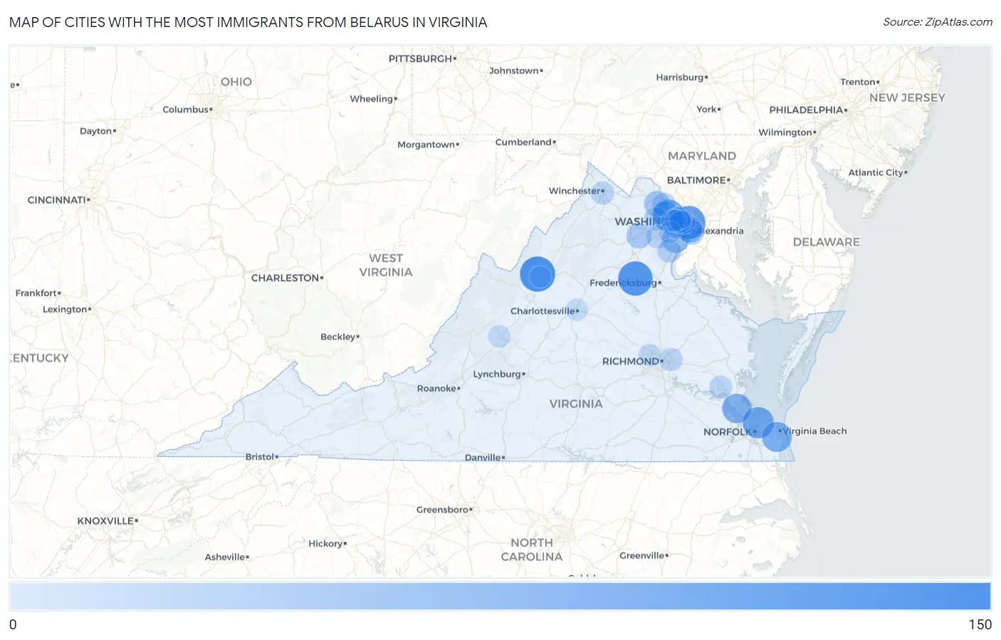 Cities with the Most Immigrants from Belarus in Virginia Map
