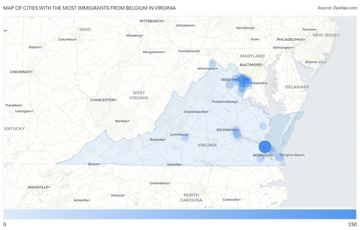 Cities with the Most Immigrants from Belgium in Virginia Map