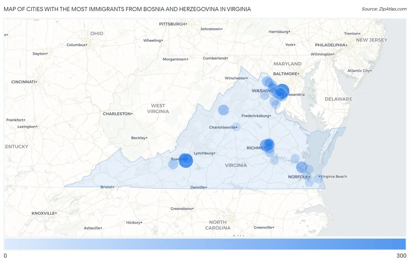 Cities with the Most Immigrants from Bosnia and Herzegovina in Virginia Map