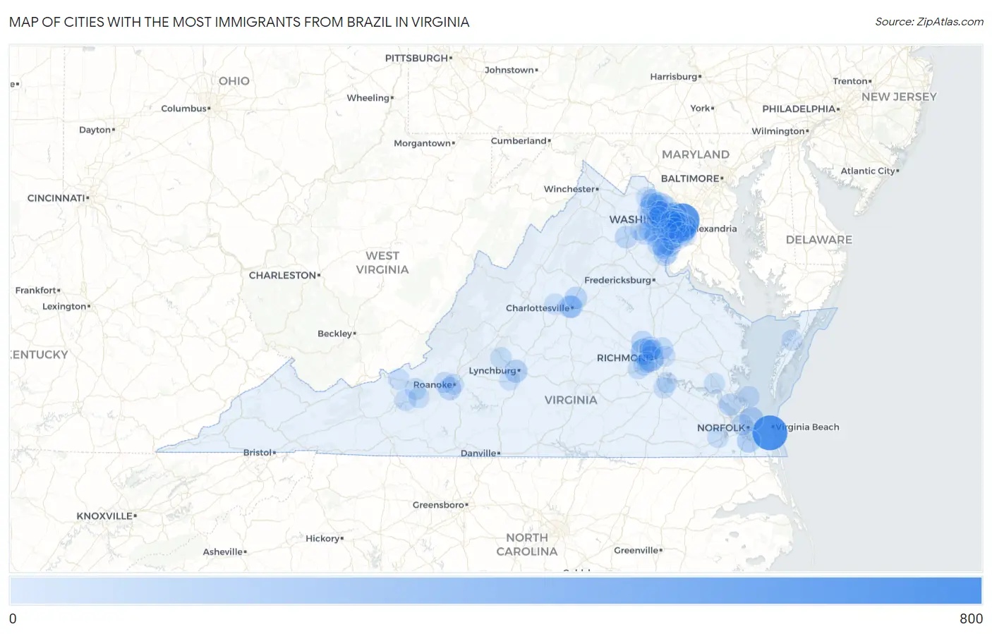 Cities with the Most Immigrants from Brazil in Virginia Map