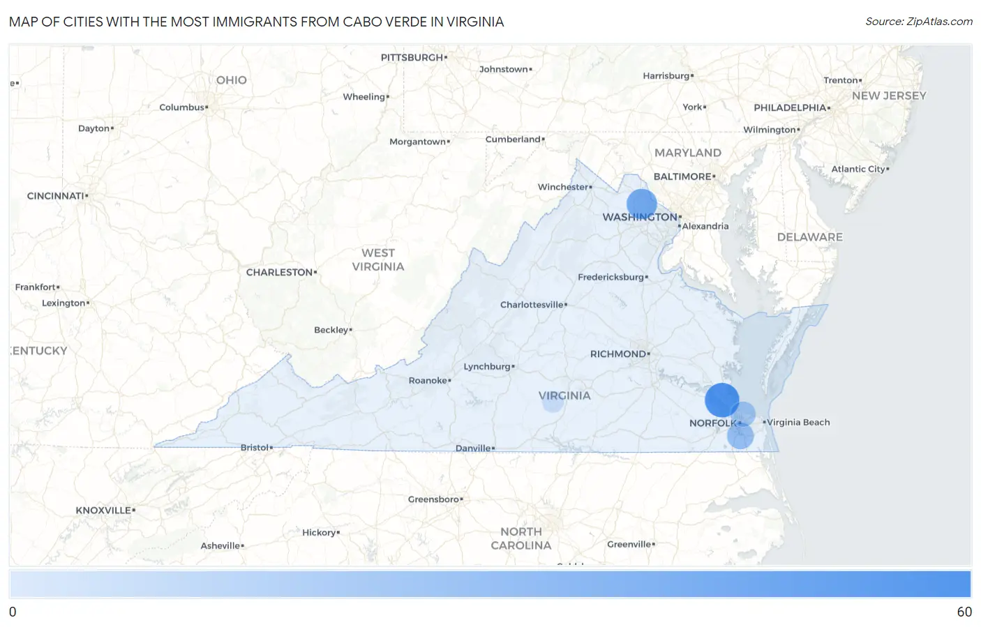 Cities with the Most Immigrants from Cabo Verde in Virginia Map
