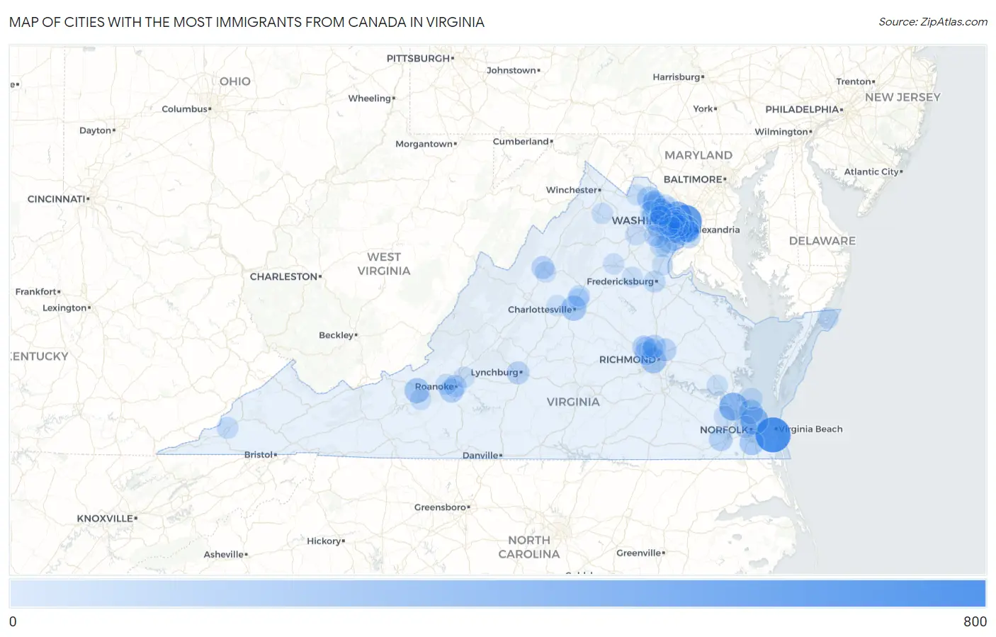 Cities with the Most Immigrants from Canada in Virginia Map