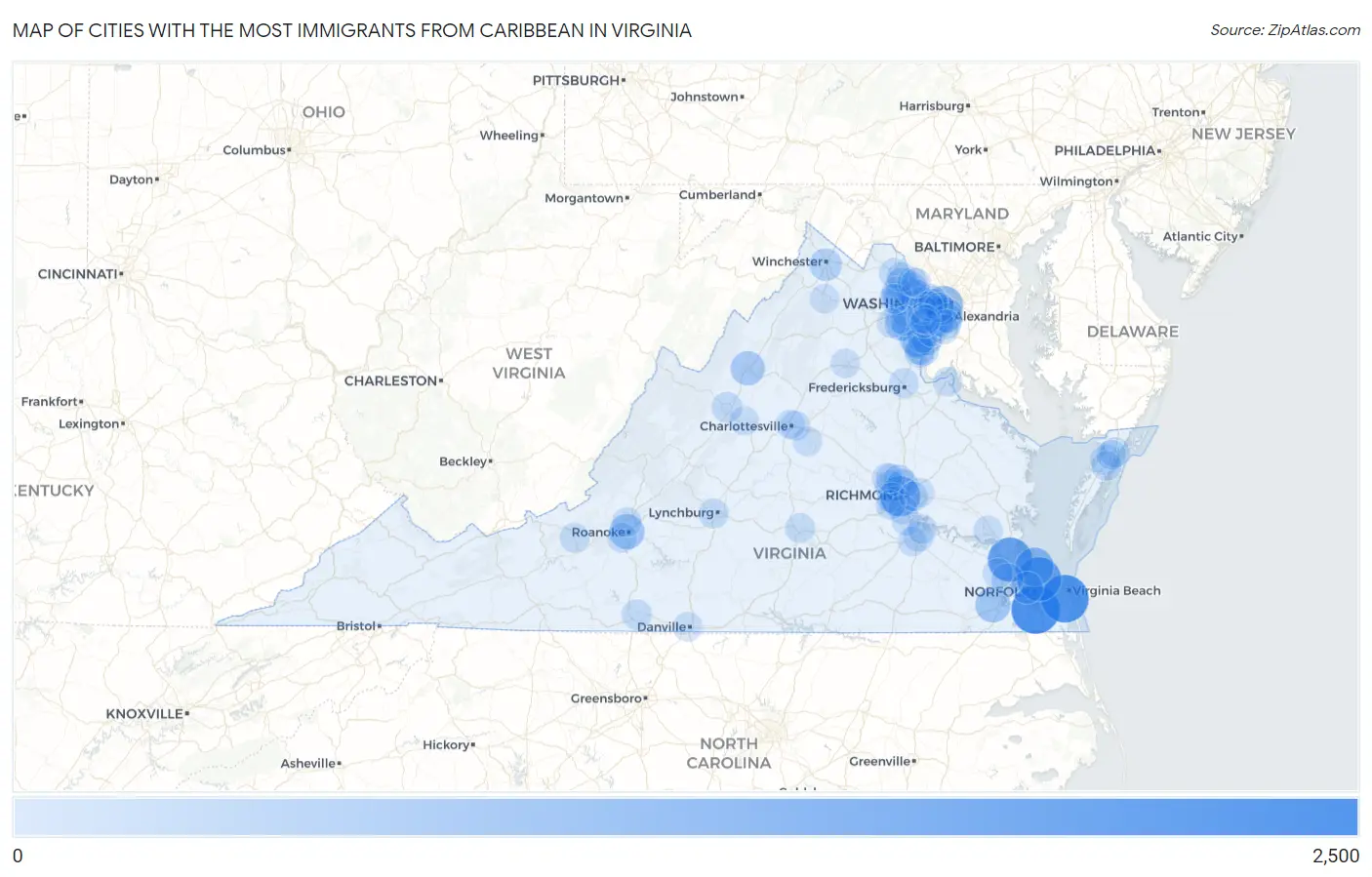 Cities with the Most Immigrants from Caribbean in Virginia Map