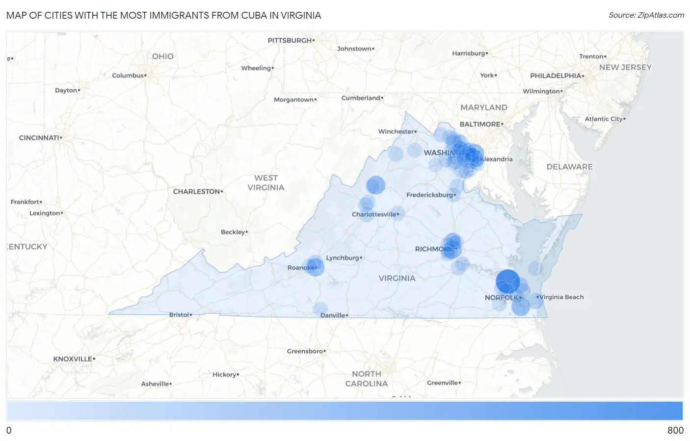 Cities with the Most Immigrants from Cuba in Virginia Map