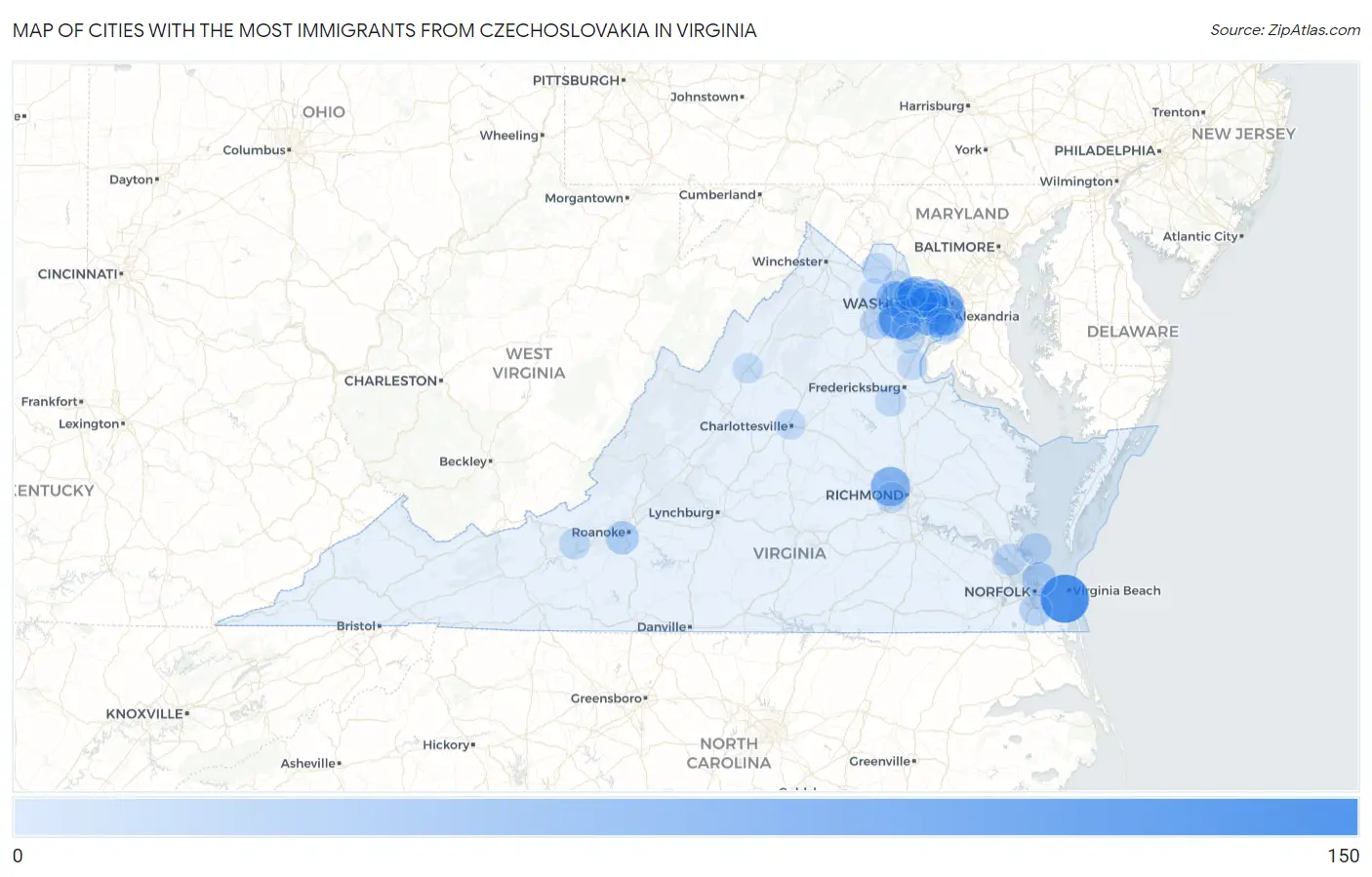 Cities with the Most Immigrants from Czechoslovakia in Virginia Map