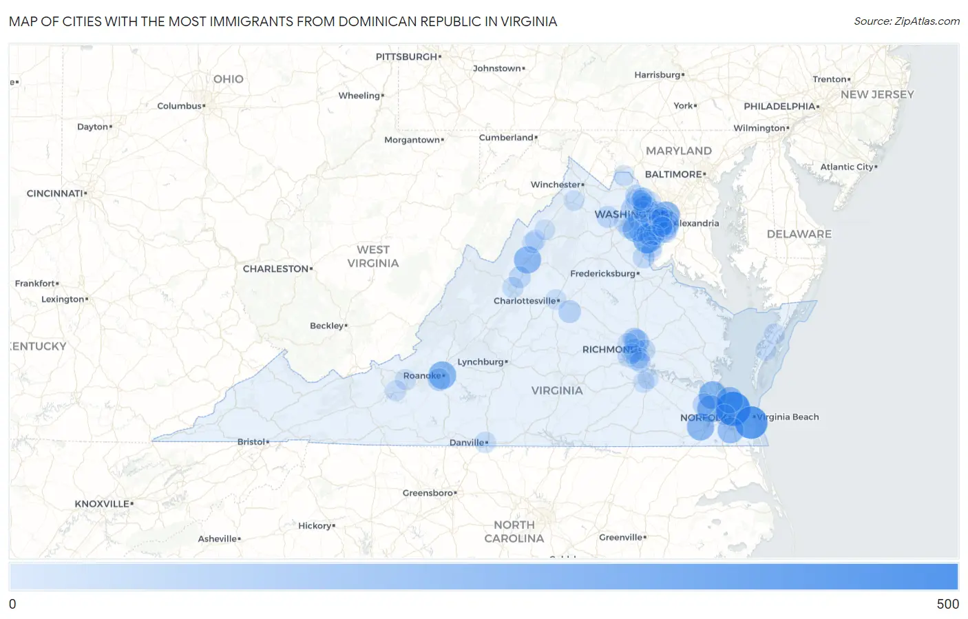 Cities with the Most Immigrants from Dominican Republic in Virginia Map