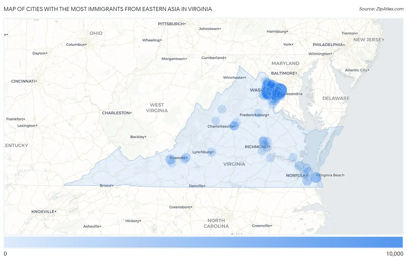 Cities with the Most Immigrants from Eastern Asia in Virginia Map