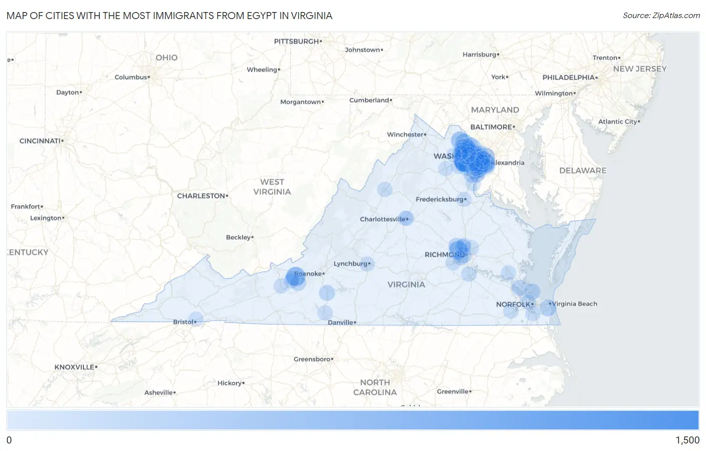 Cities with the Most Immigrants from Egypt in Virginia Map
