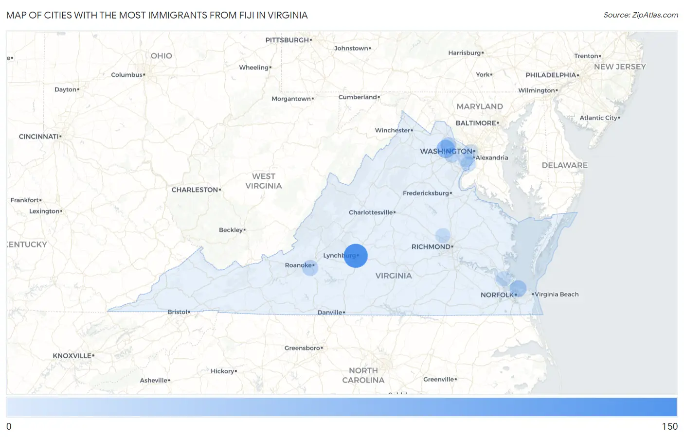 Cities with the Most Immigrants from Fiji in Virginia Map