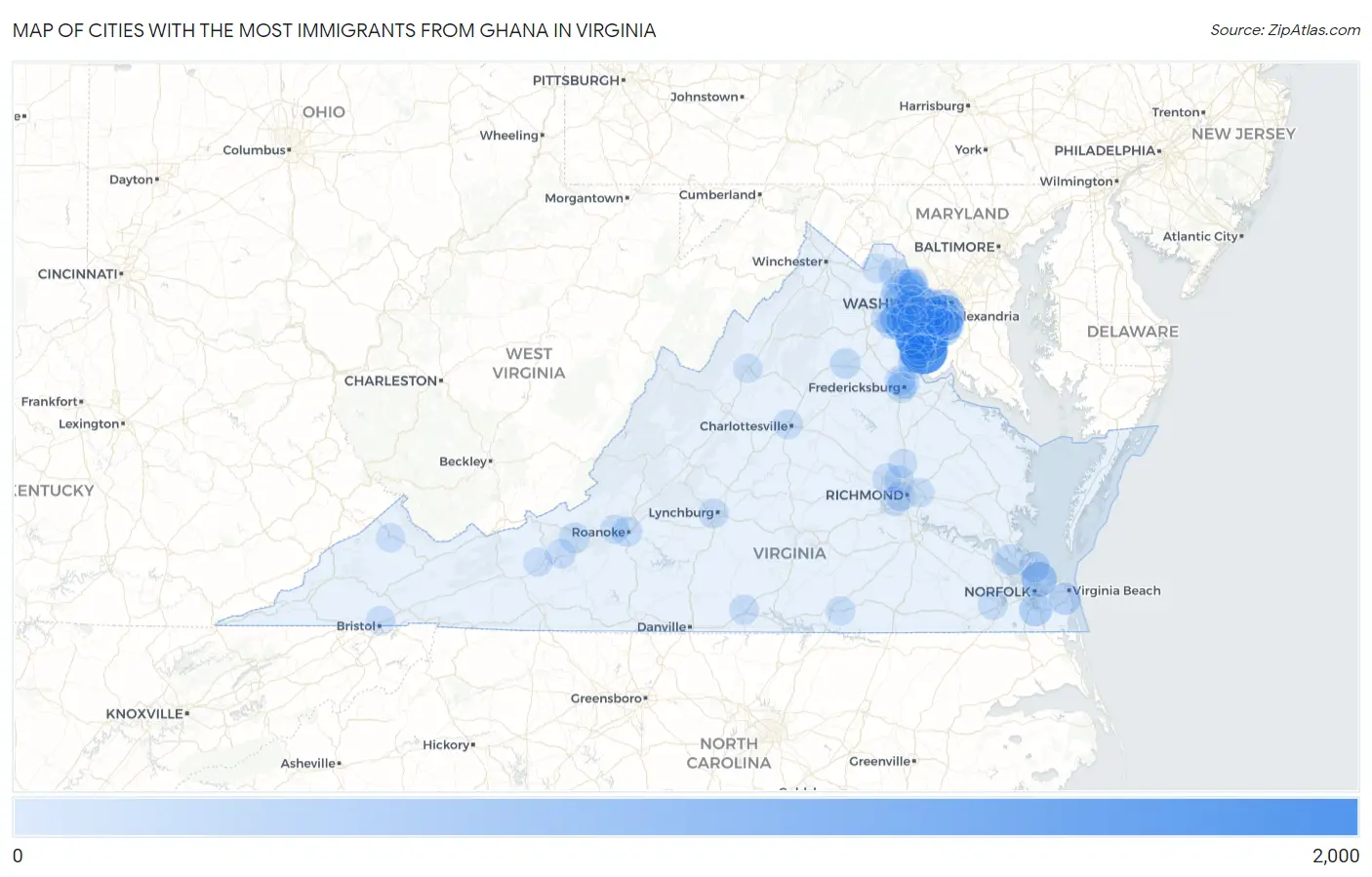 Cities with the Most Immigrants from Ghana in Virginia Map