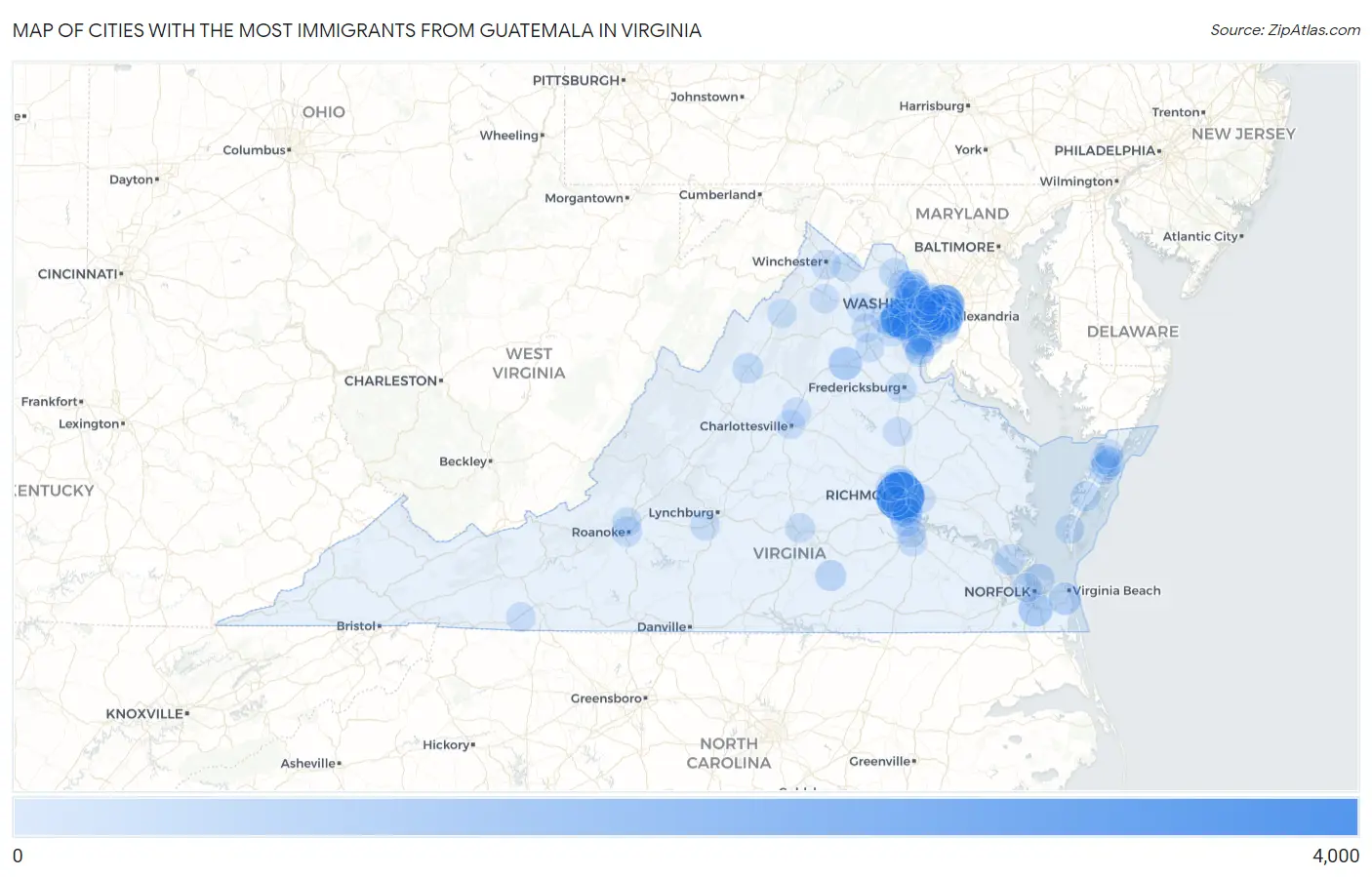 Cities with the Most Immigrants from Guatemala in Virginia Map