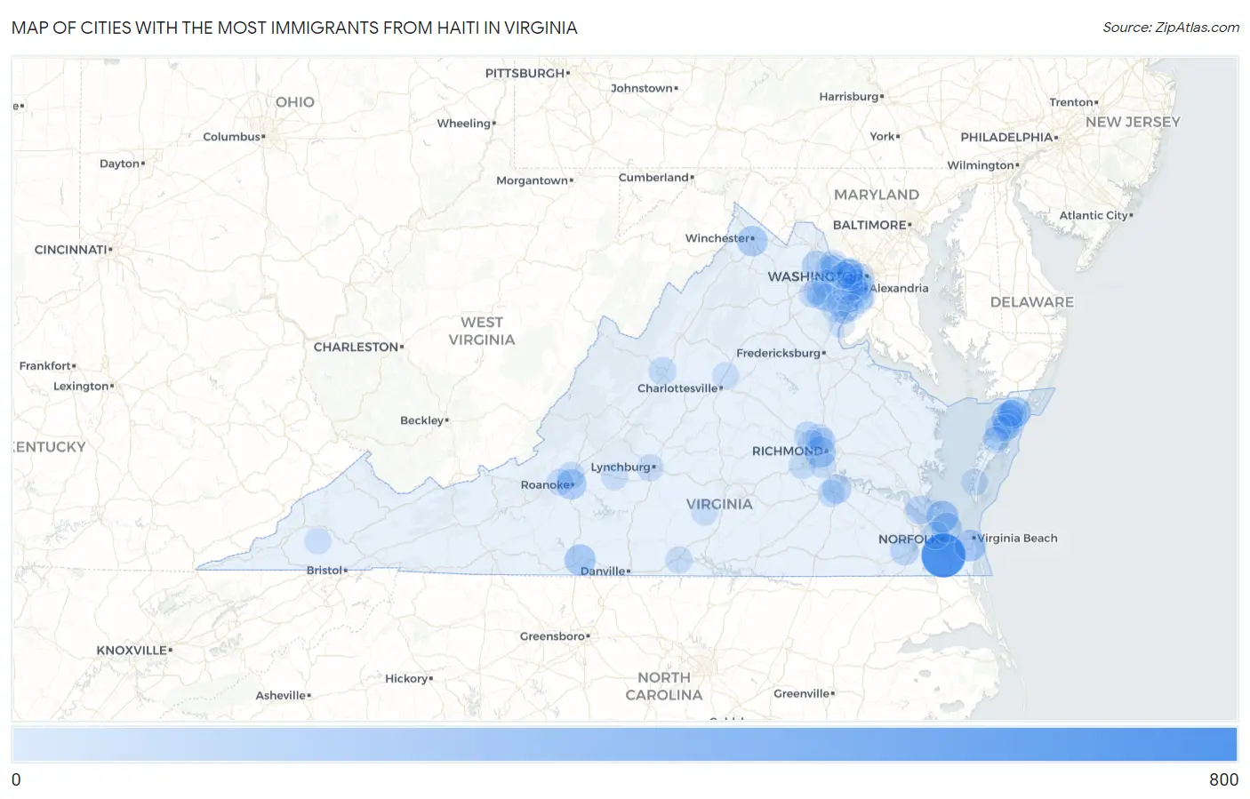 Cities with the Most Immigrants from Haiti in Virginia Map