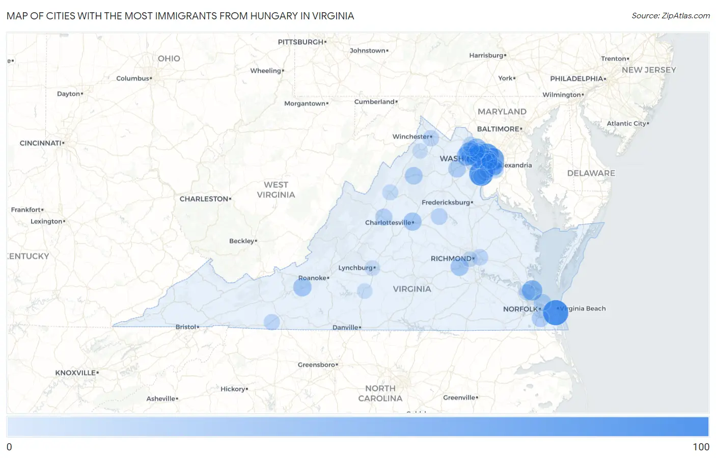 Cities with the Most Immigrants from Hungary in Virginia Map