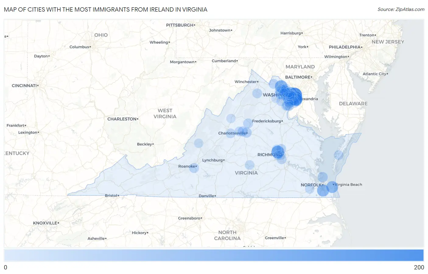 Cities with the Most Immigrants from Ireland in Virginia Map
