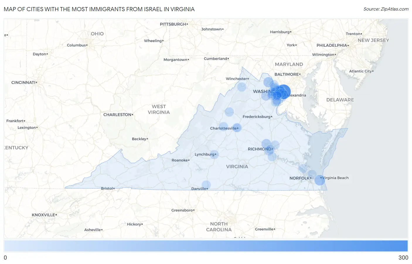 Cities with the Most Immigrants from Israel in Virginia Map