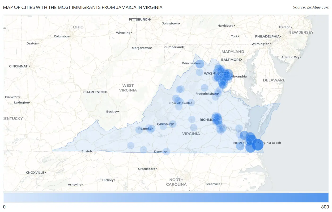 Cities with the Most Immigrants from Jamaica in Virginia Map