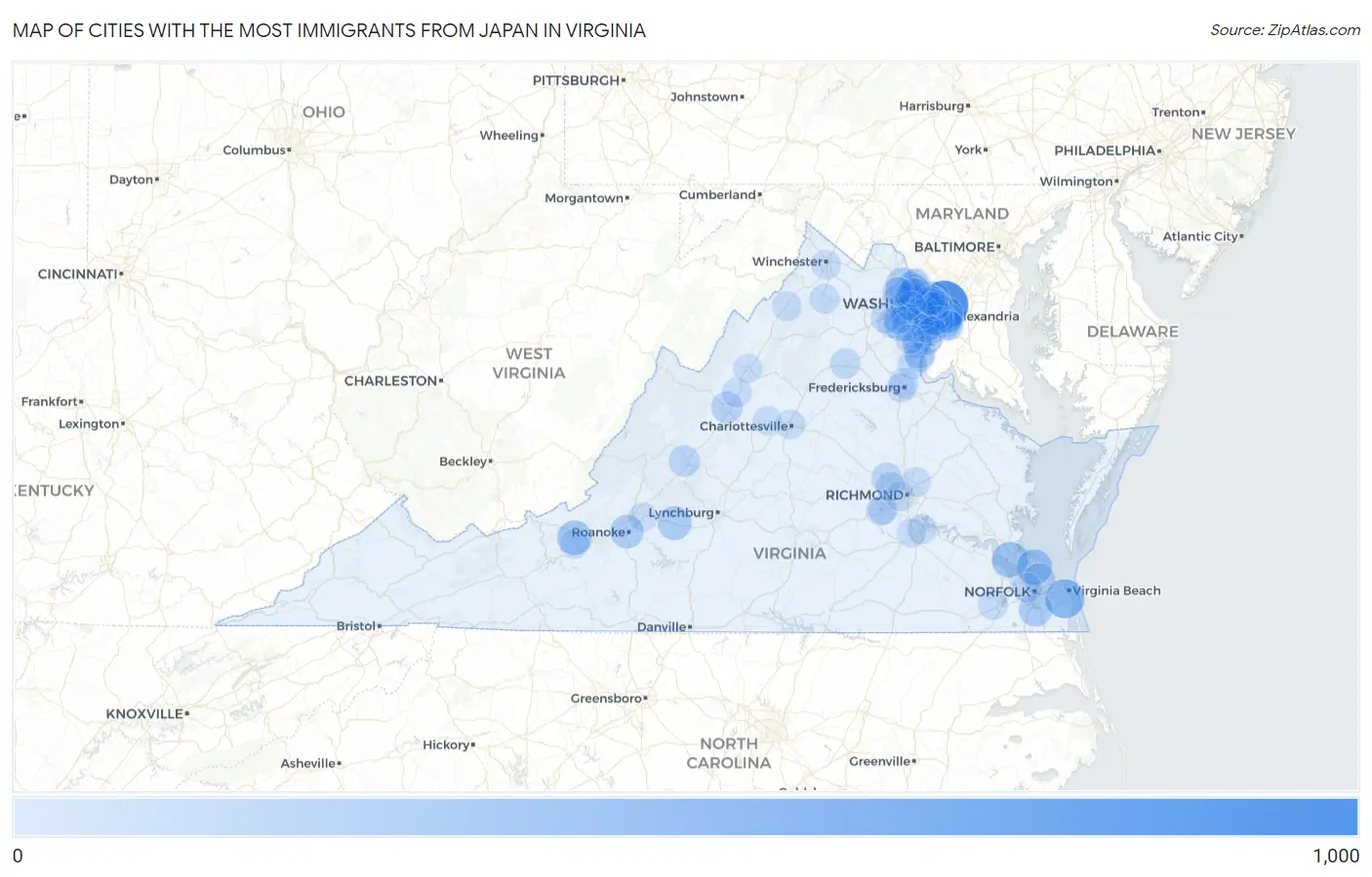 Cities with the Most Immigrants from Japan in Virginia Map