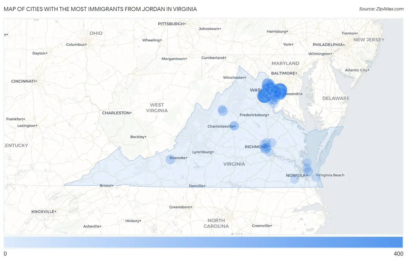Cities with the Most Immigrants from Jordan in Virginia Map