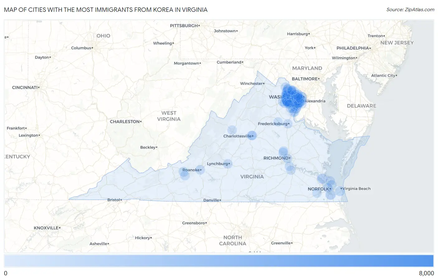 Cities with the Most Immigrants from Korea in Virginia Map