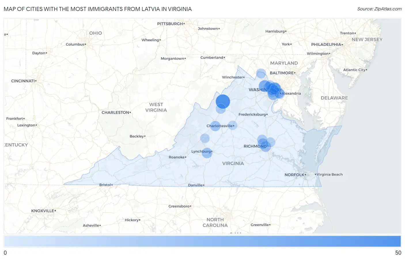 Cities with the Most Immigrants from Latvia in Virginia Map