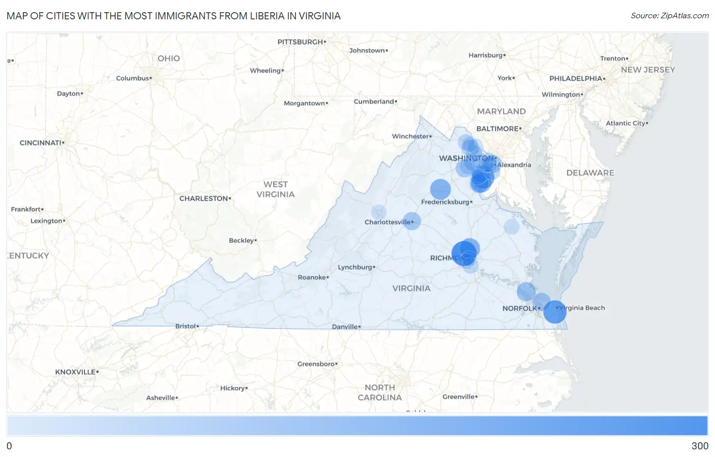 Cities with the Most Immigrants from Liberia in Virginia Map