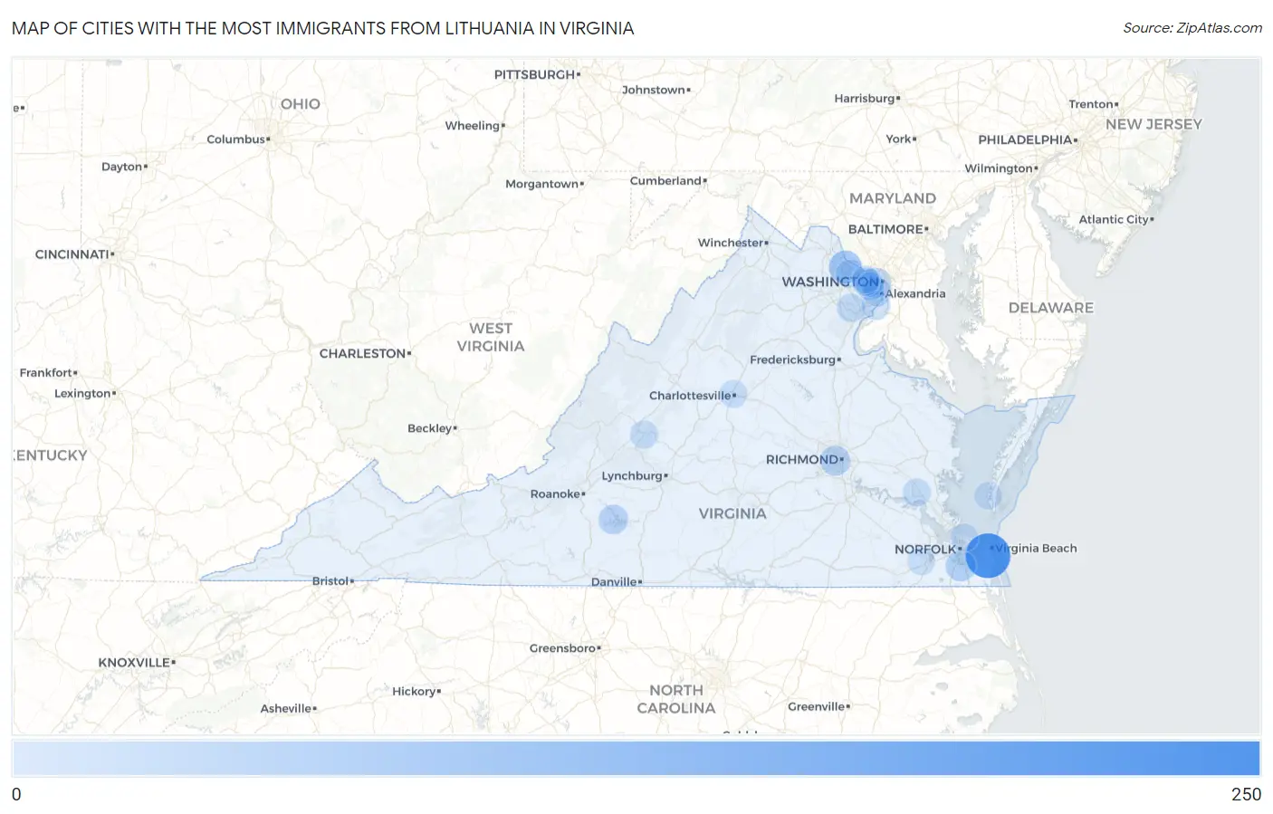 Cities with the Most Immigrants from Lithuania in Virginia Map