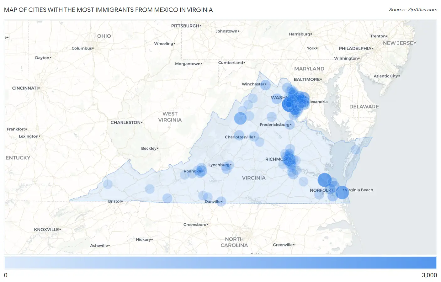 Cities with the Most Immigrants from Mexico in Virginia Map
