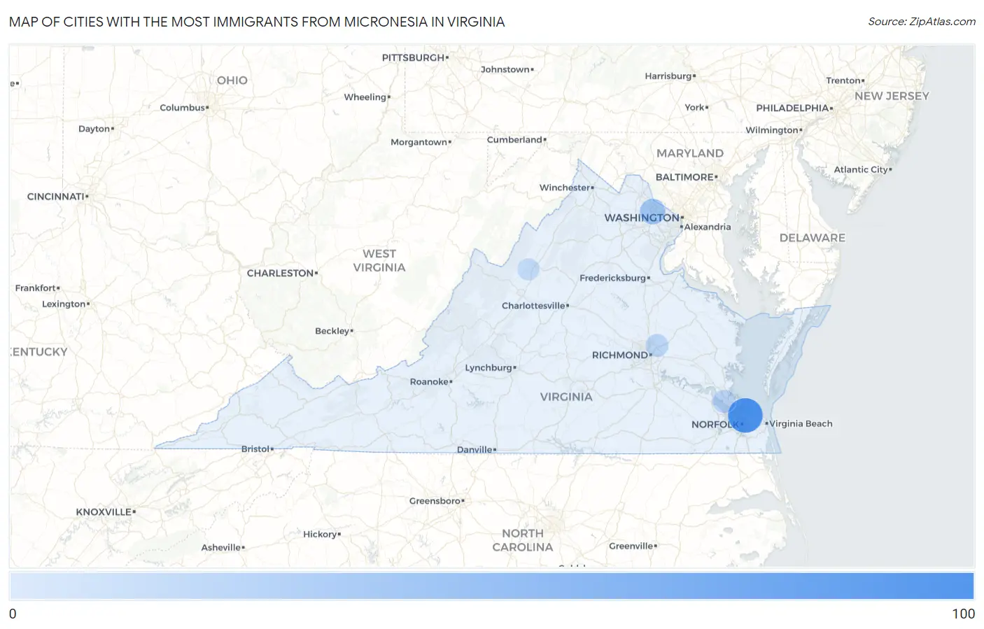 Cities with the Most Immigrants from Micronesia in Virginia Map