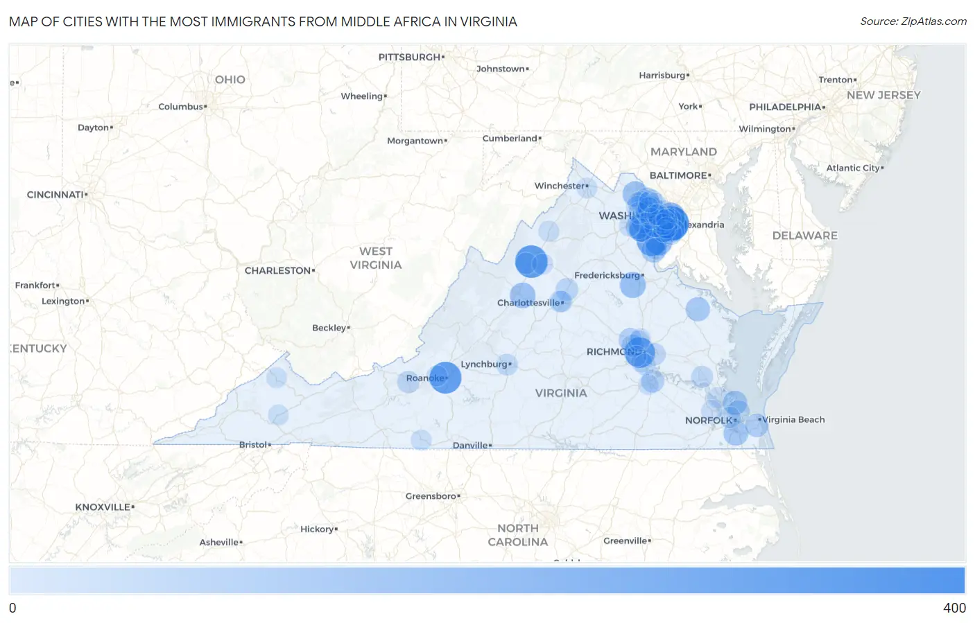 Cities with the Most Immigrants from Middle Africa in Virginia Map