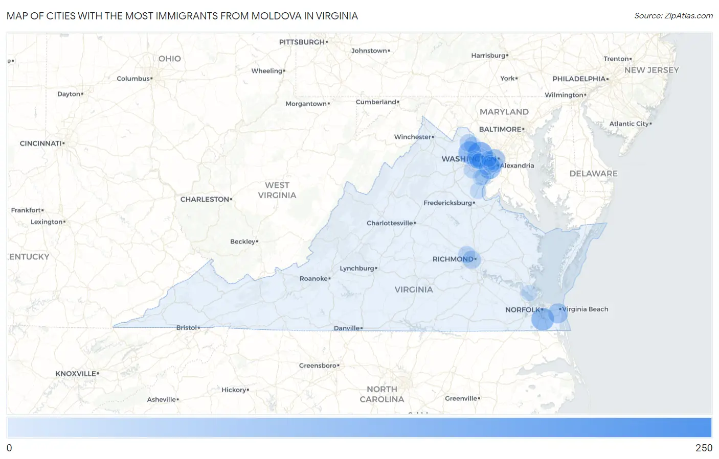 Cities with the Most Immigrants from Moldova in Virginia Map