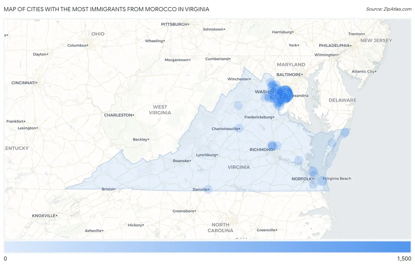 Cities with the Most Immigrants from Morocco in Virginia Map