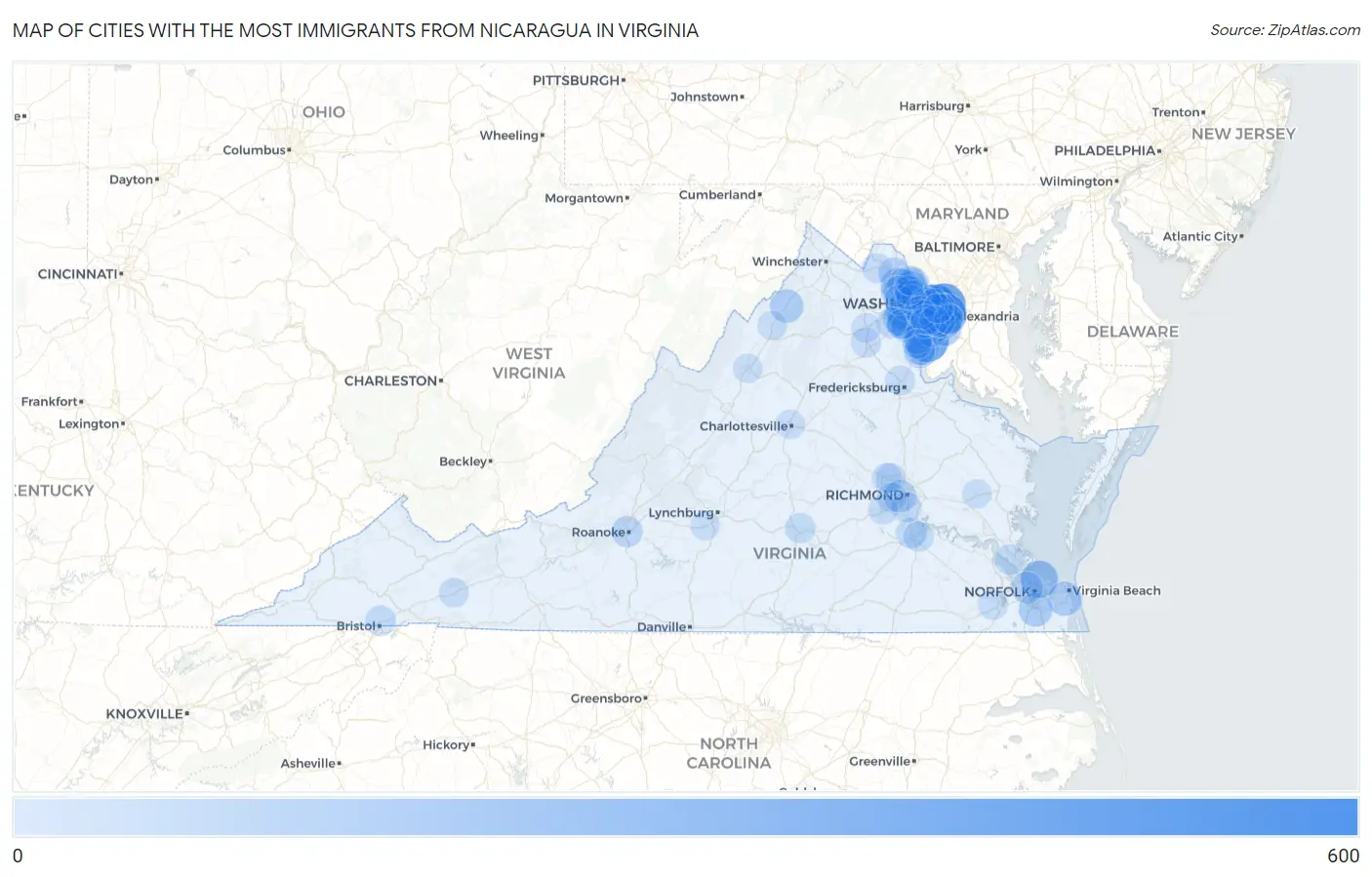 Cities with the Most Immigrants from Nicaragua in Virginia Map