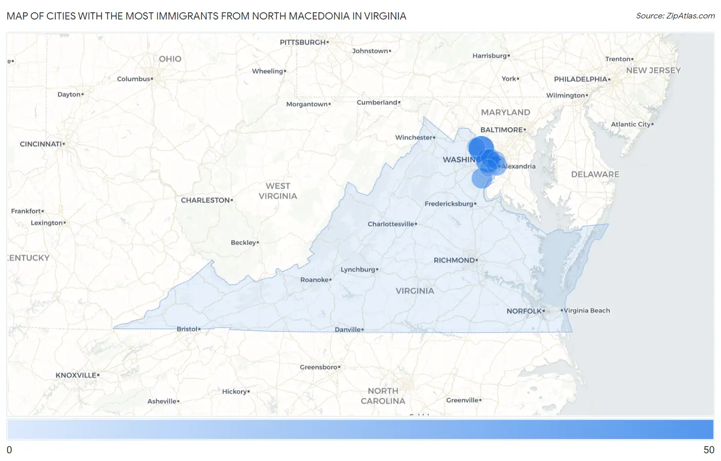 Cities with the Most Immigrants from North Macedonia in Virginia Map