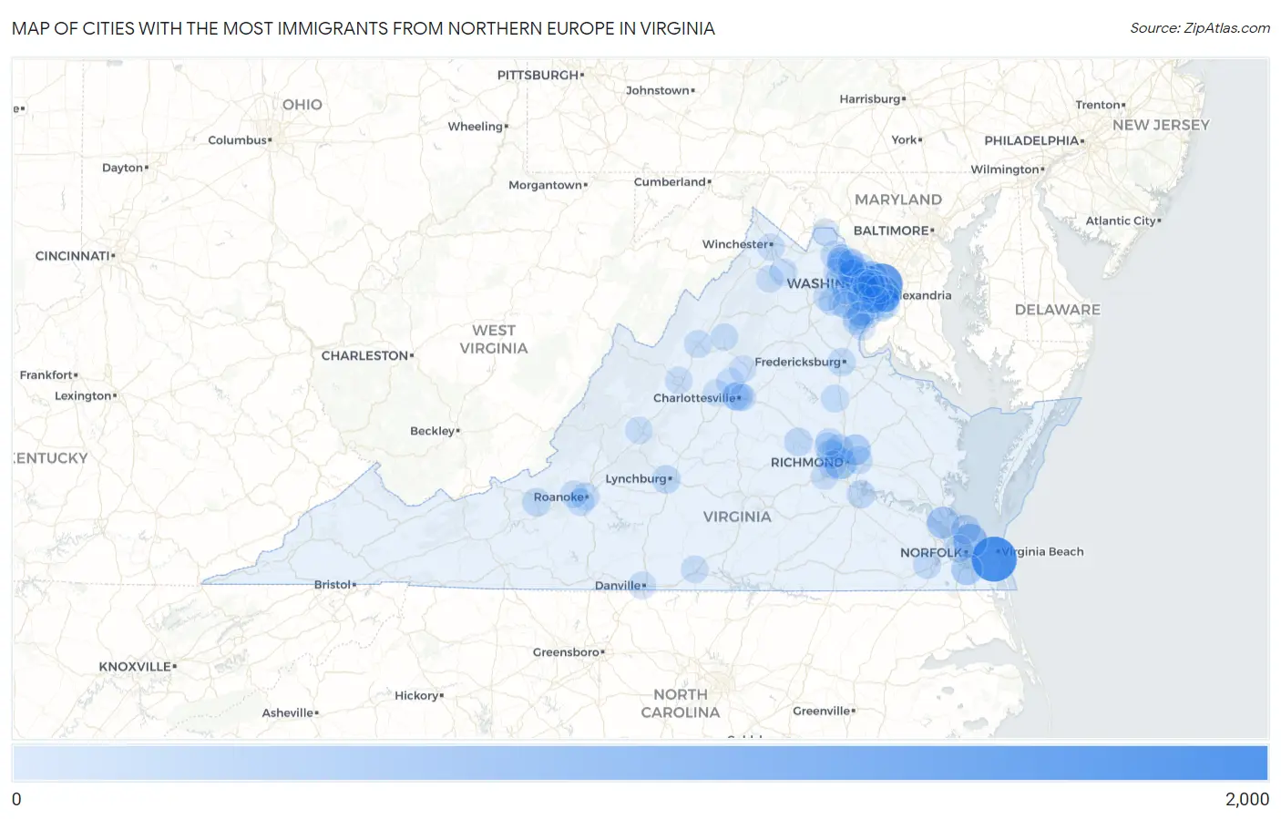 Cities with the Most Immigrants from Northern Europe in Virginia Map
